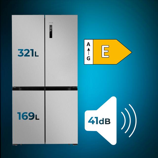 Cecotec Bolero CoolMarket 4D 490 Inox E Frigorífico 4 puertas inox con una gran capacidad de 490 L 183 cm de alto 91 cm de ancho clase energética E y motor inverter plus. Además cuenta con distintos modos como Fast Cooling y Grandes ahorros