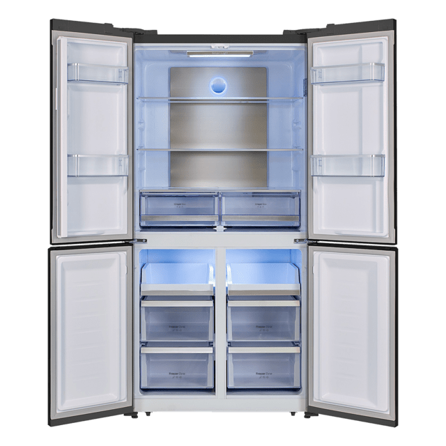 Cecotec Bolero CoolMarket 4D 490 Inox E Frigorífico 4 puertas inox con una gran capacidad de 490 L 183 cm de alto 91 cm de ancho clase energética E y motor inverter plus. Además cuenta con distintos modos como Fast Cooling y Grandes ahorros