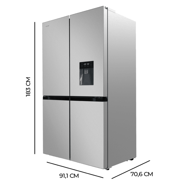 Cecotec Bolero CoolMarket 4D 564 Inox E Frigorífico 4 puertas inox con una gran capacidad de 564 L 183 cm de alto 91 cm de ancho con dispensador de agua clase energética E y motor inverter plus. Además cuenta con distintos mo Precio ultrabajo