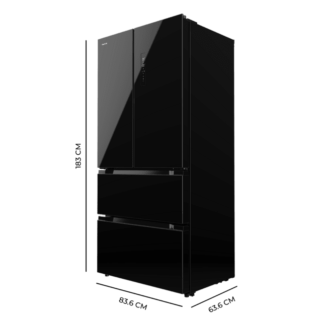 Cecotec Bolero CoolMarket FD 436 Black Glass E Frigorífico puerta francesa cristal negro 183 cm de alto y 83 6 cm de ancho capacidad 463L compresor Inverter Plus Total No Frost clase energética E. Además cuenta con distintos En línea