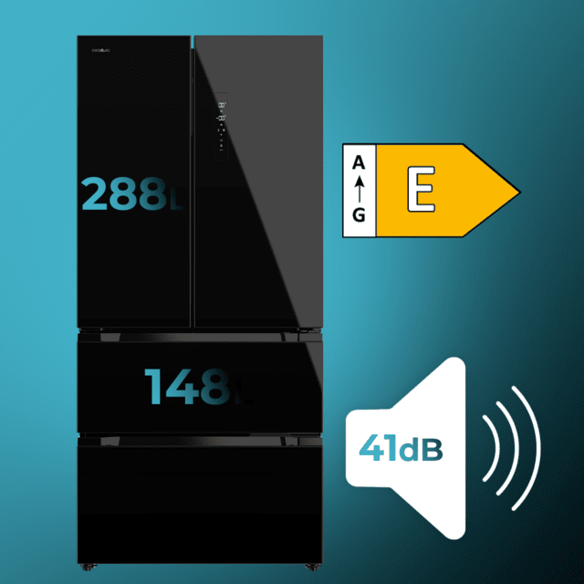 Cecotec Bolero CoolMarket FD 436 Black Glass E Frigorífico puerta francesa cristal negro 183 cm de alto y 83 6 cm de ancho capacidad 463L compresor Inverter Plus Total No Frost clase energética E. Además cuenta con distintos En línea