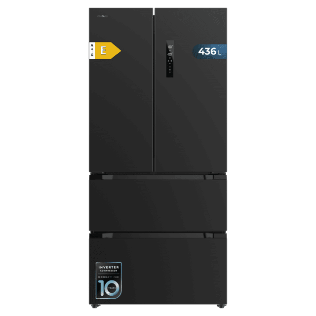 Cecotec Bolero CoolMarket FD 436 Dark E Frigorífico 4 puertas Dark estilo francés con una gran capacidad de 510 L 183 cm de alto 84 cm de ancho clase energética E y compresor inverter plus. Además cuenta con distintos modos