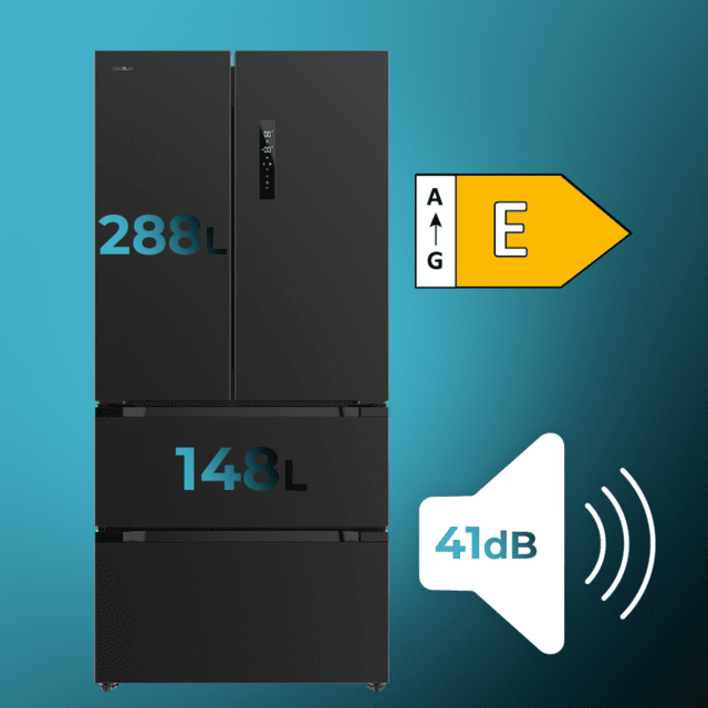 Cecotec Bolero CoolMarket FD 436 Dark E Frigorífico 4 puertas Dark estilo francés con una gran capacidad de 510 L 183 cm de alto 84 cm de ancho clase energética E y compresor inverter plus. Además cuenta con distintos modos Outlet