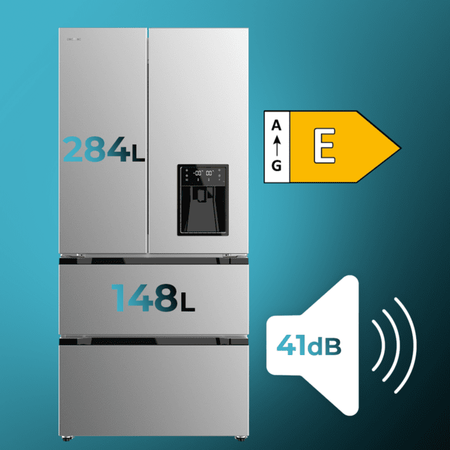 Cecotec Bolero CoolMarket FD 436 WD Inox E Frigorífico puerta francesa inox con dispensador de agua 183 cm de alto y 83 6 cm de ancho capacidad 463L compresor Inverter Plus Total No Frost clase energética E. Además cuenta con Rebajas