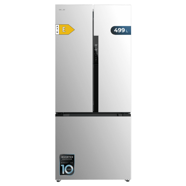Cecotec Bolero CoolMarket FD 499 Inox E Frigorífico puerta francesa inox 178 cm de alto 75 9 cm de ancho y 74 2 cm de profundo capacidad 499L compresor Inverter Plus Total No Frost clase energética E. Además cuenta con distin