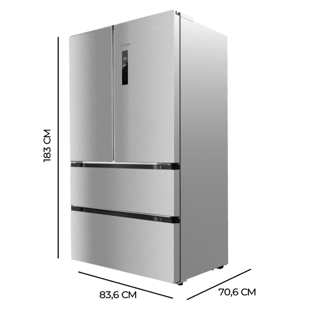 Cecotec Bolero CoolMarket FD 510 Inox E Frigorífico 4 puertas inox estilo francés con una gran capacidad de 510 L 183 cm de alto 85 cm de ancho clase energética E y motor Inverter plus. Además cuenta con distintos modos como Gran oferta