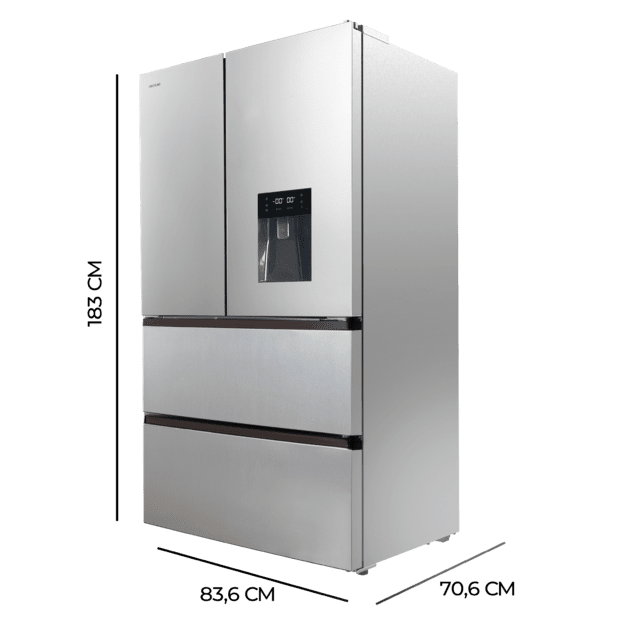 Cecotec Bolero CoolMarket FD 510 WD Inox E Frigorífico 4 puertas inox estilo francés con una gran capacidad de 506 L 183 cm de alto 84 cm de ancho con dispensador de agua clase energética E y compresor inverter plus. Además Rebajas baratas