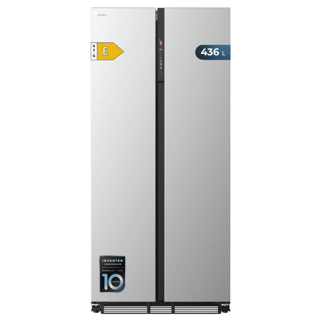 Cecotec Frigorífico americano acero Inoxidable de 436 L de capacidad 184 8 x 84 4 cm clase E Total No Frost Compresor Inverter Plus y Multi AirFlow; y con tecnologías Fast Cooling y Fast Freezing y el Modo Smart y cajón conve