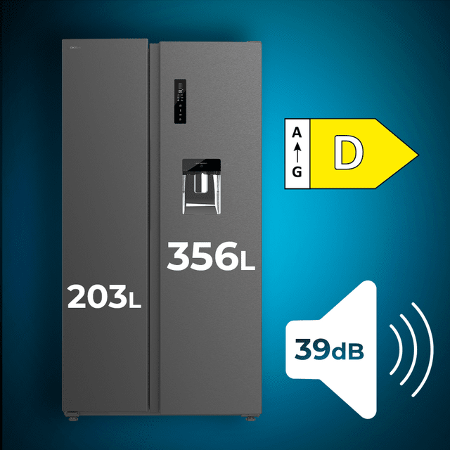 Cecotec Bolero CoolMarket SBS 559 Dark D Frigorífico americano Side by Side Dark con 559 litros de capacidad 177 cm de alto y 90 cm ancho clase D con sistema Multi Air Flow total No frost compresor inverter plus. Frigorífico a Tienda