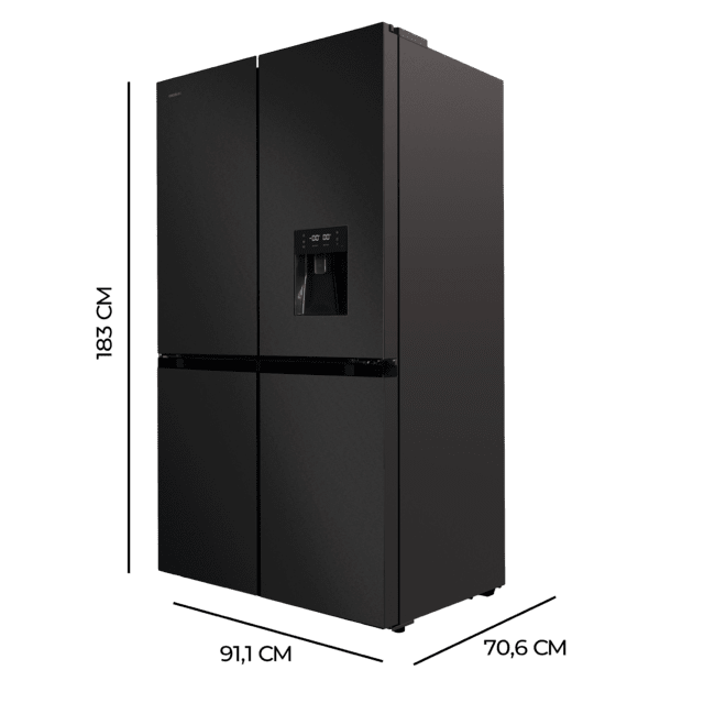 Cecotec Bolero CoolMarket 4D 564 Dark E Frigorífico 4 puertas Dark con una gran capacidad de 564 L 183 cm de alto 91 cm de ancho con dispensador de agua clase energética E y motor inverter plus. Además cuenta con distintos mo ÚLTIMAS EDICIONES