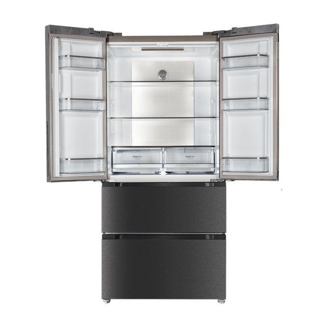 Cecotec Bolero CoolMarket FD 510 Dark E Frigorífico 4 puertas inox estilo francés con una gran capacidad de 510 L 183 cm de alto 85 cm de ancho clase energética E y Motor Inverter plus. Además cuenta con distintos modos como Últimos 2 días