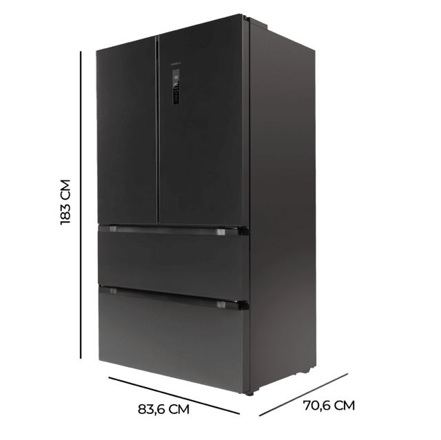 Cecotec Bolero CoolMarket FD 510 Dark E Frigorífico 4 puertas inox estilo francés con una gran capacidad de 510 L 183 cm de alto 85 cm de ancho clase energética E y Motor Inverter plus. Además cuenta con distintos modos como Últimos 2 días