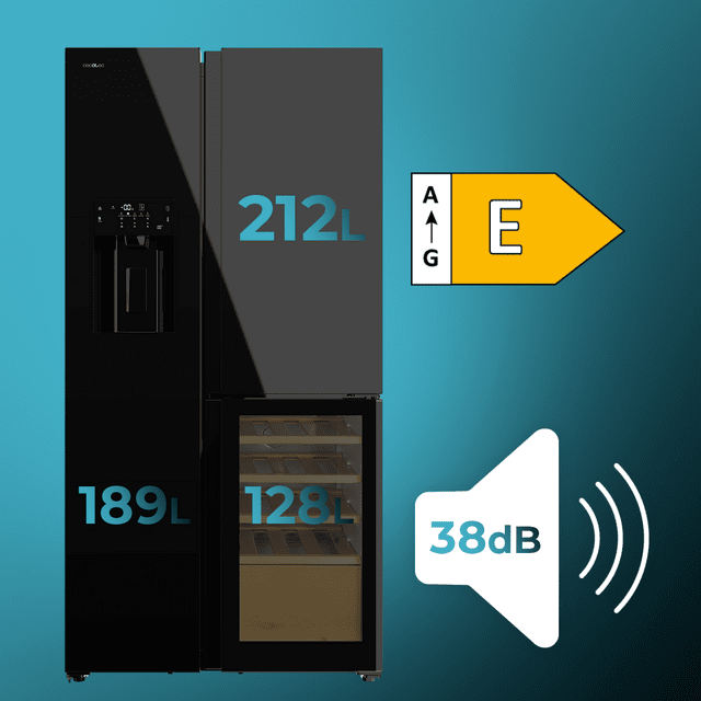 Cecotec Bolero CoolMarket TDW 529 WID Black Glass E Frigorífico 3 puertas cristal negro con vinoteca y Icemaker 183 cm alto 91 1 cm ancho y 70 6cm profundo capacidad 529L compresor Inverter Plus Total No Frost clase energética Precio de fábrica