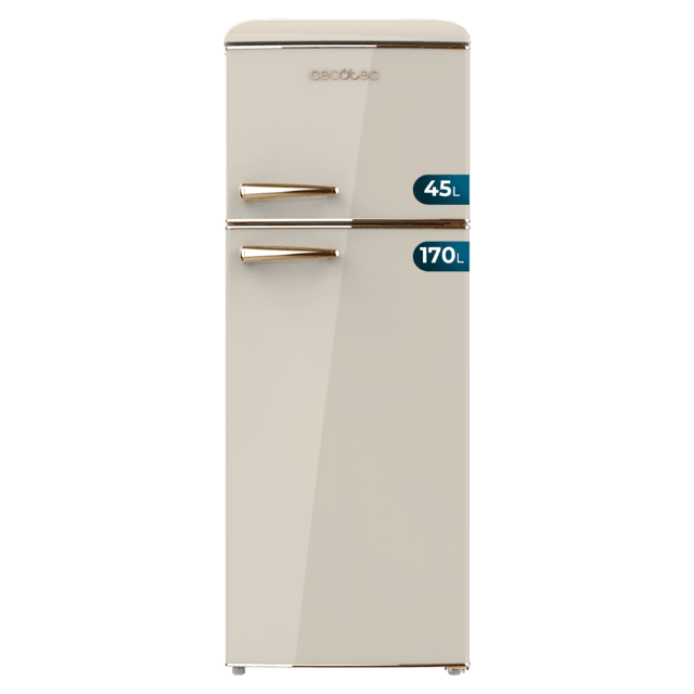 Cecotec Bolero CoolMarket 2D Origin 215 Beige E Frigorífico retro 2D Origin Red con capacidad de 215L clase E Luz interior tirador gold bandejas cristal y control de temperatura. Frigorífico retro