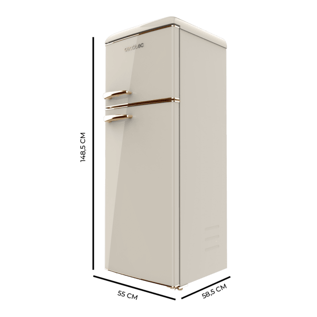 Cecotec Bolero CoolMarket 2D Origin 215 Beige E Frigorífico retro 2D Origin Red con capacidad de 215L clase E Luz interior tirador gold bandejas cristal y control de temperatura. Frigorífico retro Promoción por tiempo limitado