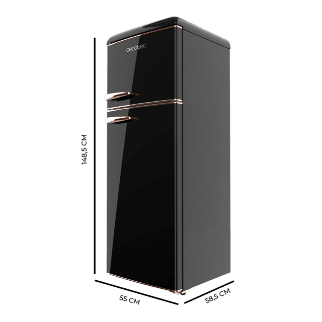 Cecotec Bolero CoolMarket 2D Origin 215 Black E Frigorífico retro con capacidad de 215L clase E Luz interior tirador cromado bandejas cristal y control de temperatura. Frigorífico combi retro / vintage negro 215 L Solo hoy