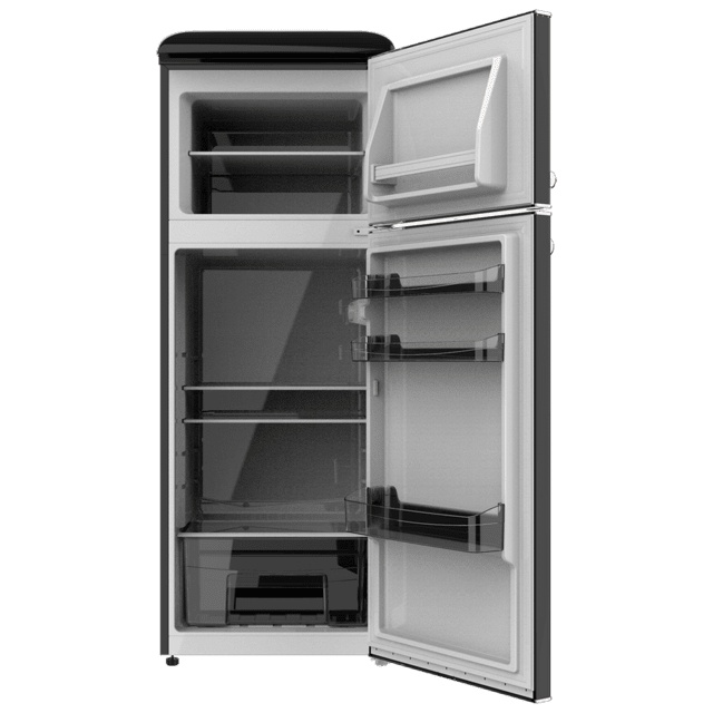 Cecotec Bolero CoolMarket 2D Origin 215 Black E Frigorífico retro con capacidad de 215L clase E Luz interior tirador cromado bandejas cristal y control de temperatura. Frigorífico combi retro / vintage negro 215 L Solo hoy