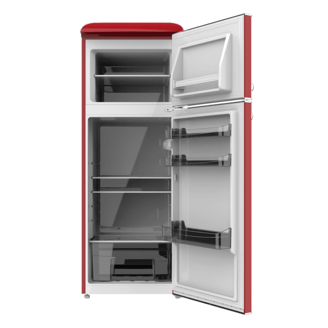 Cecotec Bolero CoolMarket 2D Origin 215 Red E Frigorífico retro de dos puertas rojo de 148 2 cm de alto y 55 2 cm de ancho con capacidad 215L clase energética E iluminación interior y tirador cromado. Frigorífico retro / vin Solo queda un día