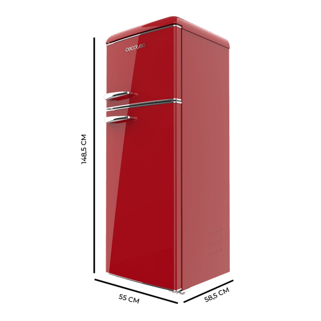 Cecotec Bolero CoolMarket 2D Origin 215 Red E Frigorífico retro de dos puertas rojo de 148 2 cm de alto y 55 2 cm de ancho con capacidad 215L clase energética E iluminación interior y tirador cromado. Frigorífico retro / vin Solo queda un día