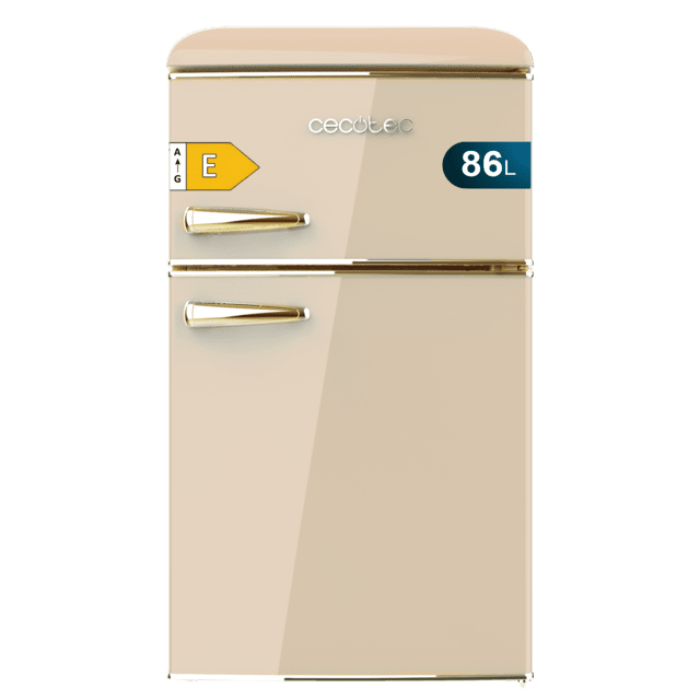 Cecotec Bolero CoolMarket 2D Origin 86 Beige E Mini frigorífico retro de dos puertas beige de 89 3cm de alto y 48 7 de ancho con capacidad de 86L clase energética E LED interior y tirador cromado gold. Mini frigorífico