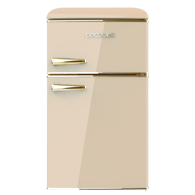 Cecotec Bolero CoolMarket 2D Origin 86 Beige E Mini frigorífico retro de dos puertas beige de 89 3cm de alto y 48 7 de ancho con capacidad de 86L clase energética E LED interior y tirador cromado gold. Mini frigorífico Superdescuento