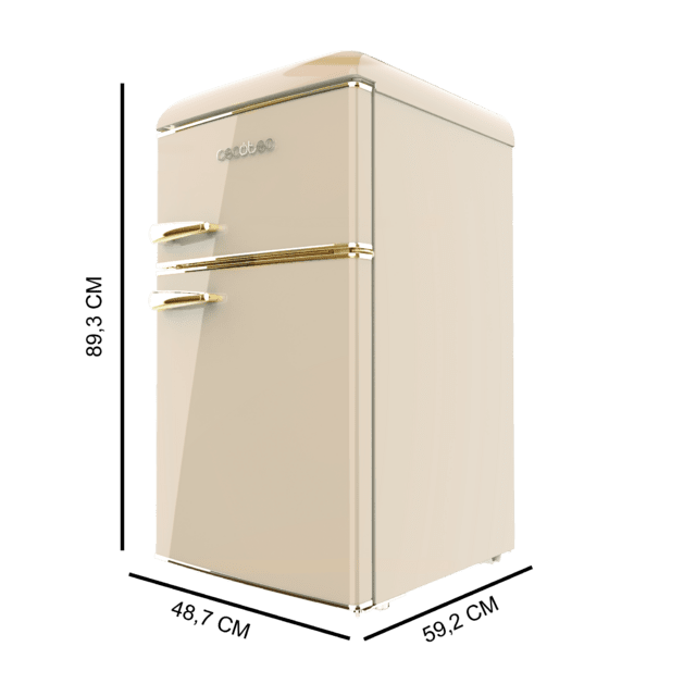Cecotec Bolero CoolMarket 2D Origin 86 Beige E Mini frigorífico retro de dos puertas beige de 89 3cm de alto y 48 7 de ancho con capacidad de 86L clase energética E LED interior y tirador cromado gold. Mini frigorífico Superdescuento