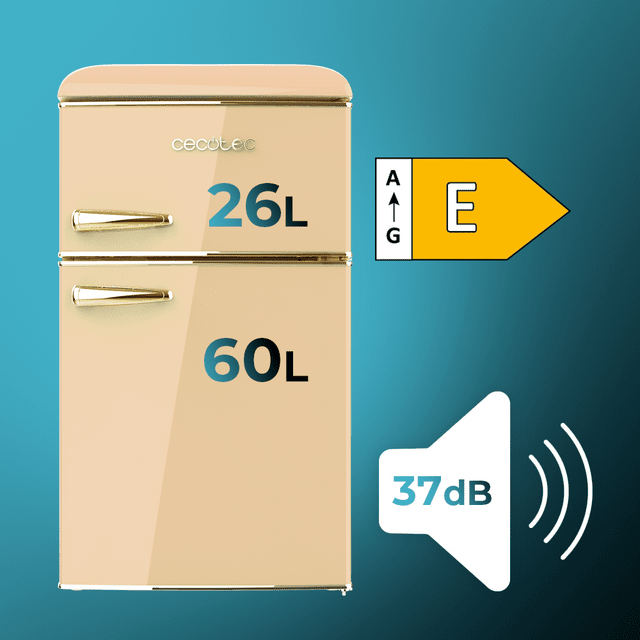 Cecotec Bolero CoolMarket 2D Origin 86 Beige E Mini frigorífico retro de dos puertas beige de 89 3cm de alto y 48 7 de ancho con capacidad de 86L clase energética E LED interior y tirador cromado gold. Mini frigorífico Superdescuento