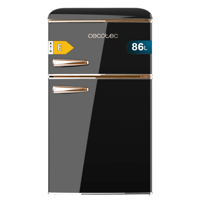 Cecotec Bolero CoolMarket 2D Origin 86 Black E Mini frigorífico retro de dos puertas negro de 89 3cm de alto y 48 7 de ancho con capacidad de 86L clase energética E LED interior y tirador cromado gold rose. Mini frigorífico r