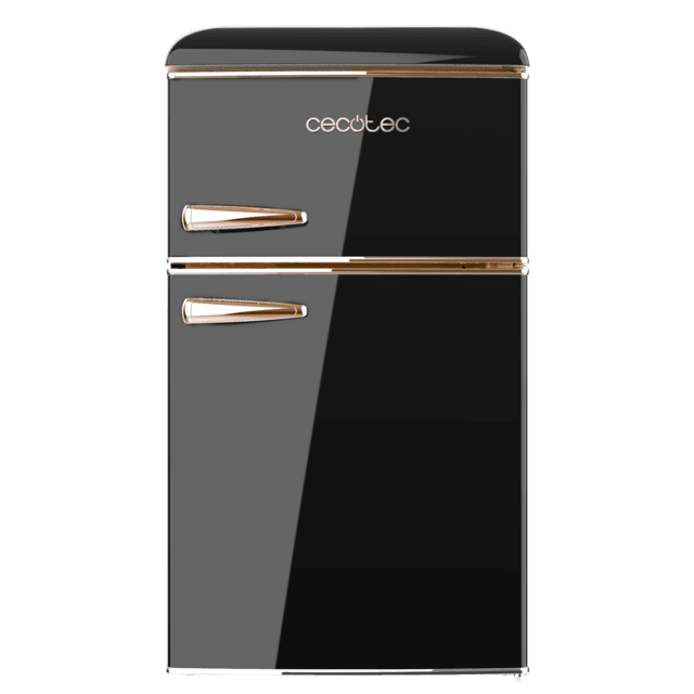 Cecotec Bolero CoolMarket 2D Origin 86 Black E Mini frigorífico retro de dos puertas negro de 89 3cm de alto y 48 7 de ancho con capacidad de 86L clase energética E LED interior y tirador cromado gold rose. Mini frigorífico r Grandes descuentos