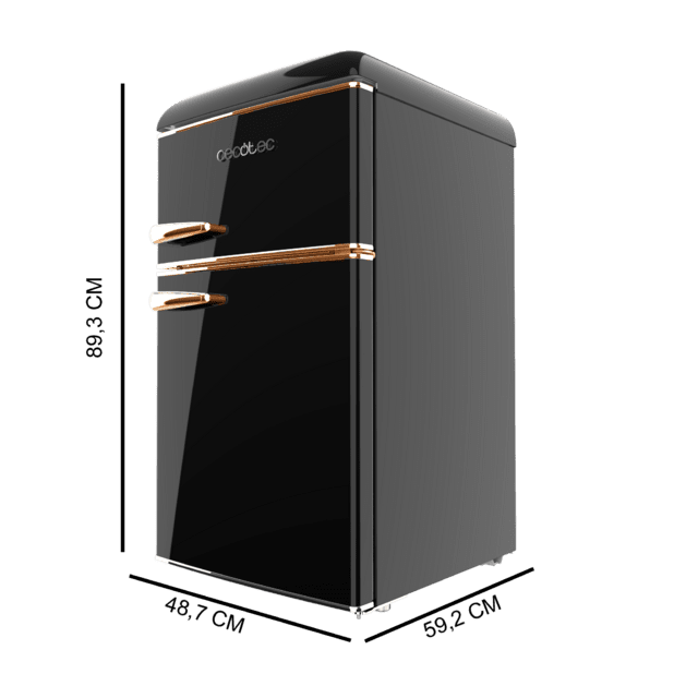Cecotec Bolero CoolMarket 2D Origin 86 Black E Mini frigorífico retro de dos puertas negro de 89 3cm de alto y 48 7 de ancho con capacidad de 86L clase energética E LED interior y tirador cromado gold rose. Mini frigorífico r Grandes descuentos