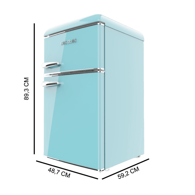 Cecotec Bolero CoolMarket 2D Origin 86 Blue E Mini frigorífico retro de dos puertas azul de 89 3cm de alto y 48 7 de ancho con capacidad de 86L clase energética E LED interior y tirador cromado. Mini frigorífico Liquidación
