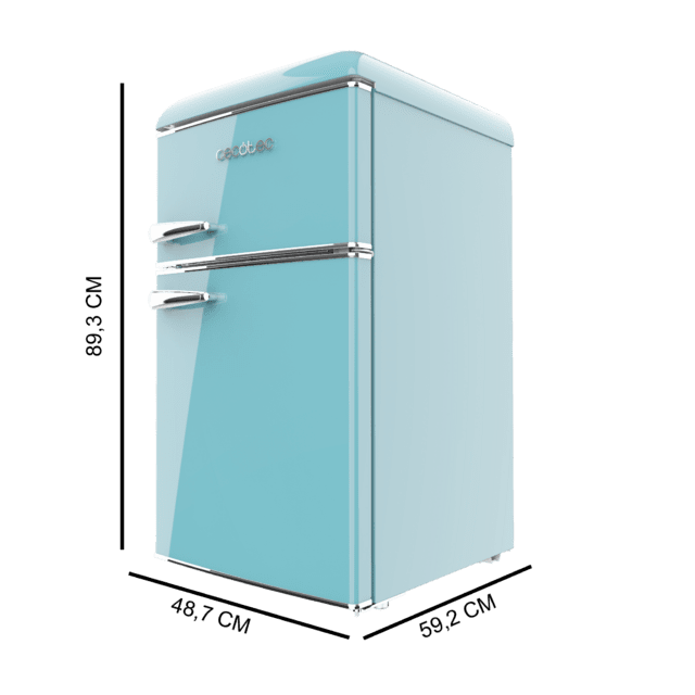 Cecotec Bolero CoolMarket 2D Origin 86 Blue E Mini frigorífico retro de dos puertas azul de 89 3cm de alto y 48 7 de ancho con capacidad de 86L clase energética E LED interior y tirador cromado. Mini frigorífico Liquidación