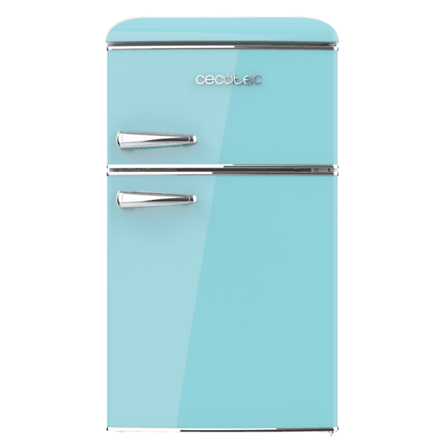Cecotec Bolero CoolMarket 2D Origin 86 Blue E Mini frigorífico retro de dos puertas azul de 89 3cm de alto y 48 7 de ancho con capacidad de 86L clase energética E LED interior y tirador cromado. Mini frigorífico Liquidación