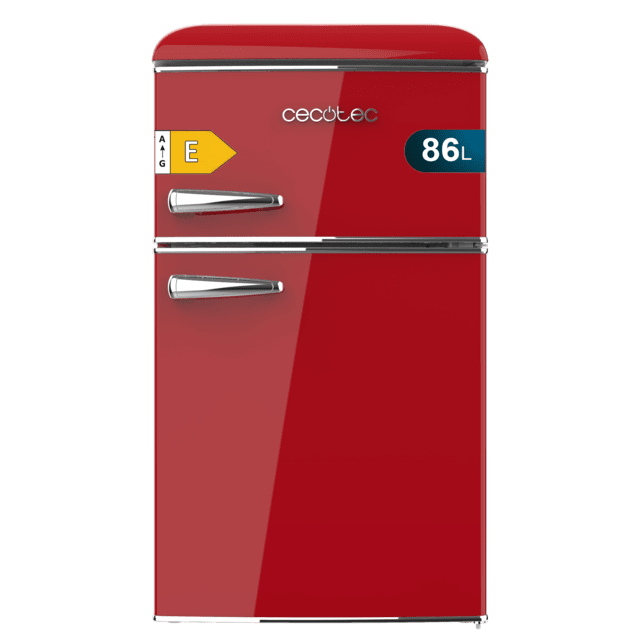 Cecotec Bolero CoolMarket 2D Origin 86 Red E Mini frigorífico retro de dos puertas rojo de 89 3cm de alto y 48 7 de ancho con capacidad de 86L clase energética E LED interior y tirador cromado. Mini frigorífico retro de dos p