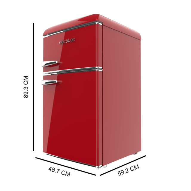 Cecotec Bolero CoolMarket 2D Origin 86 Red E Mini frigorífico retro de dos puertas rojo de 89 3cm de alto y 48 7 de ancho con capacidad de 86L clase energética E LED interior y tirador cromado. Mini frigorífico retro de dos p Tienda de fábrica