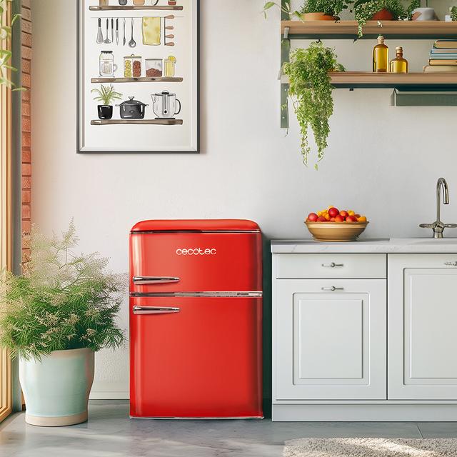 Cecotec Bolero CoolMarket 2D Origin 86 Red E Mini frigorífico retro de dos puertas rojo de 89 3cm de alto y 48 7 de ancho con capacidad de 86L clase energética E LED interior y tirador cromado. Mini frigorífico retro de dos p Tienda de fábrica
