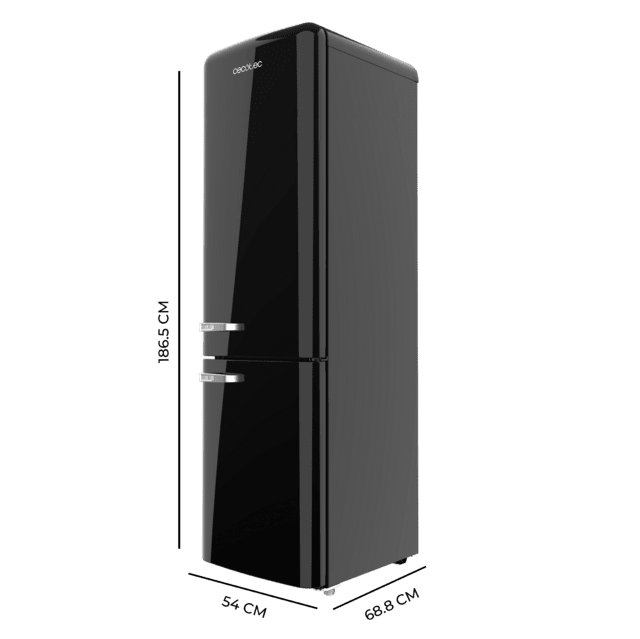 Cecotec Bolero CoolMarket Combi Origin 250 NF Black E Frigorífico combi retro negro 186 5cm alto y 54 cm ancho capacidad 250L Total No Frost y clase E y con sistema Multi Air Flow. Además cuenta con el modo Fast Cooling. Frigo Limitado a 3 días