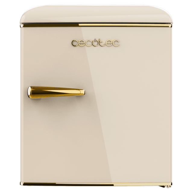 Cecotec Bolero CoolMarket TT Origin 45 Beige E Mini frigorífico retro sobremesa beige de 55cm de alto y 44 7cm de ancho con capacidad de 45L clase energética E Icebox y tirador cromado gold.  Mini frigorífico retro  Ahorra y exporta