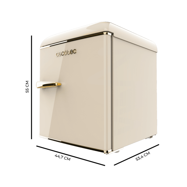 Cecotec Bolero CoolMarket TT Origin 45 Beige E Mini frigorífico retro sobremesa beige de 55cm de alto y 44 7cm de ancho con capacidad de 45L clase energética E Icebox y tirador cromado gold.  Mini frigorífico retro  Ahorra y exporta