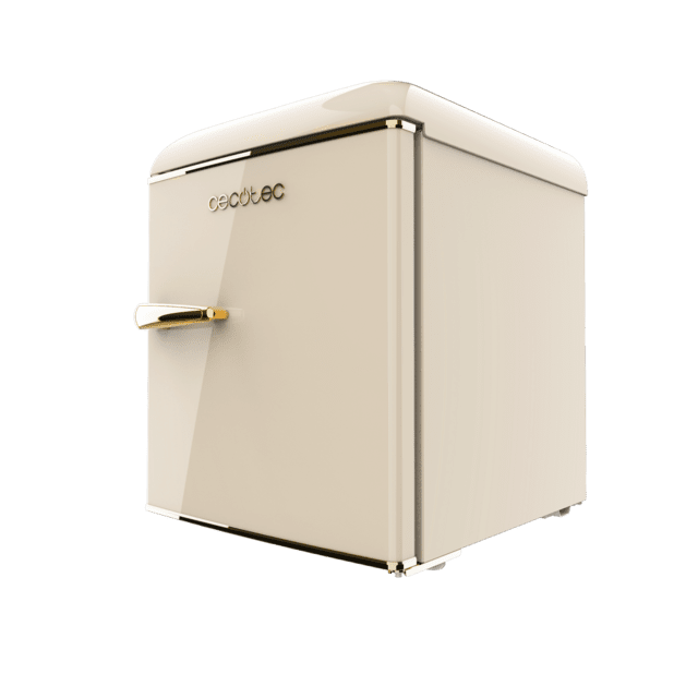 Cecotec Bolero CoolMarket TT Origin 45 Beige E Mini frigorífico retro sobremesa beige de 55cm de alto y 44 7cm de ancho con capacidad de 45L clase energética E Icebox y tirador cromado gold.  Mini frigorífico retro  Ahorra y exporta