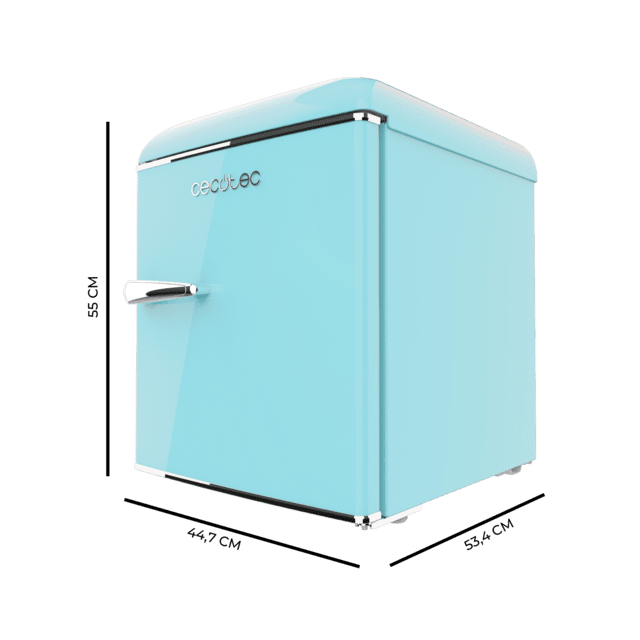 Cecotec Bolero CoolMarket TT Origin 45 Blue E Mini frigorífico retro sobremesa azul de 55cm de alto y 44 7cm de ancho con capacidad de 45L clase energética E Icebox y tirador cromado.  Mini frigorífico retro sobremesa Precios de Black Friday