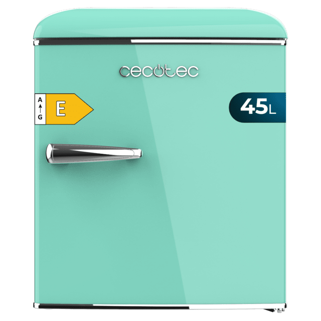 Cecotec Bolero CoolMarket TT Origin 45 Green E Mini frigorífico retro sobremesa verde de 55cm de alto y 44 7cm de ancho con capacidad de 45L clase energética E Icebox y tirador cromado. Mini frigorífico retro