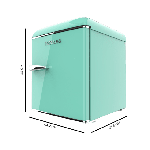 Cecotec Bolero CoolMarket TT Origin 45 Green E Mini frigorífico retro sobremesa verde de 55cm de alto y 44 7cm de ancho con capacidad de 45L clase energética E Icebox y tirador cromado. Mini frigorífico retro En oferta