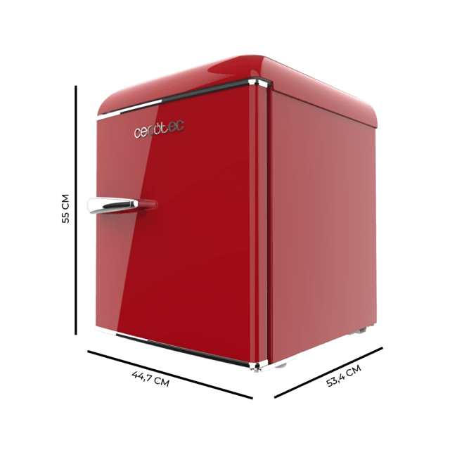 Cecotec Bolero CoolMarket TT Origin 45 Red E Mini frigorífico retro sobremesa rojo de 55cm de alto y 44 7cm de ancho con capacidad de 45L clase energética E Icebox y tirador cromado. Mini frigorífico retro sobremesa Libre de impuestos