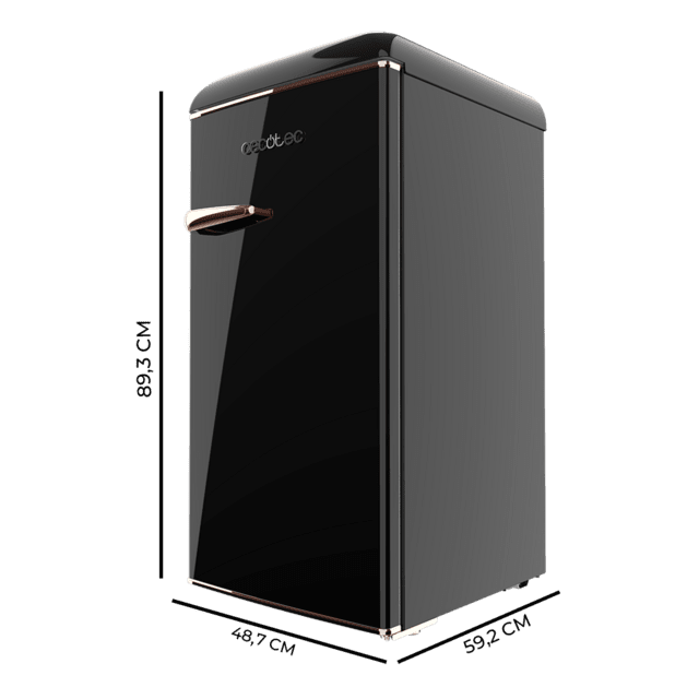 Cecotec Bolero CoolMarket TT Origin 95 Black E Mini frigorífico retro negro de 89 cm de alto y 49 cm de ancho con capacidad de 95L clase energética E Icebox y tirador cromado. Mini frigorífico retro Descuentos del mes
