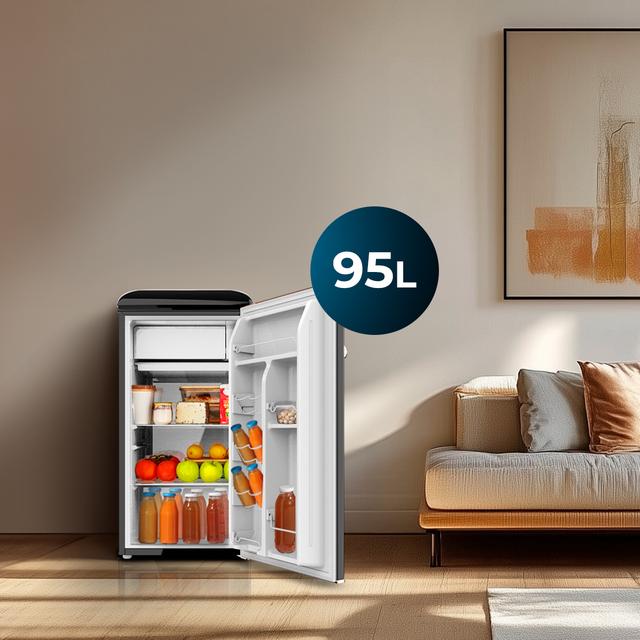 Cecotec Bolero CoolMarket TT Origin 95 Black E Mini frigorífico retro negro de 89 cm de alto y 49 cm de ancho con capacidad de 95L clase energética E Icebox y tirador cromado. Mini frigorífico retro Descuentos del mes