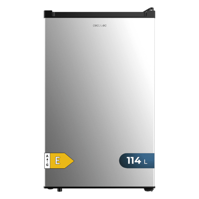 Cecotec Bolero CoolMarket TT 114 L Inox Mini frigorífico inox de 83 6 cm de alto y 50 6 cm de ancho con capacidad de 114L clase energética E Crisper Box Luz LED interior y control temperatura mecánico. Mini frigorífico