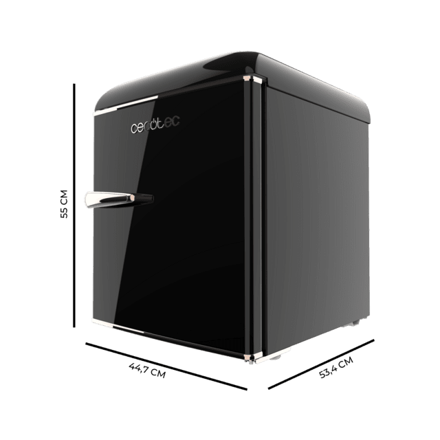 Cecotec Bolero CoolMarket TT Origin 45 Black E Mini frigorífico retro sobremesa negro de 55cm de alto y 44 7cm de ancho con capacidad de 45L clase energética E Icebox y tirador cromado gold rose.  Mini frigorífico retro  Envío gratis