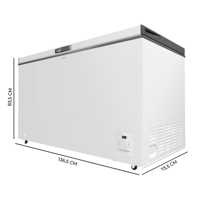 Cecotec Bolero CoolMarket Chest 400 white E Cogelador horizontal blanco 83 5cm alto y 136 5cm ancho con 400 L de capacidad compresor Inverter Plus conversible a frigorífico clase energética E dos cestas y con modo Fast Freezin Descuentos del mes