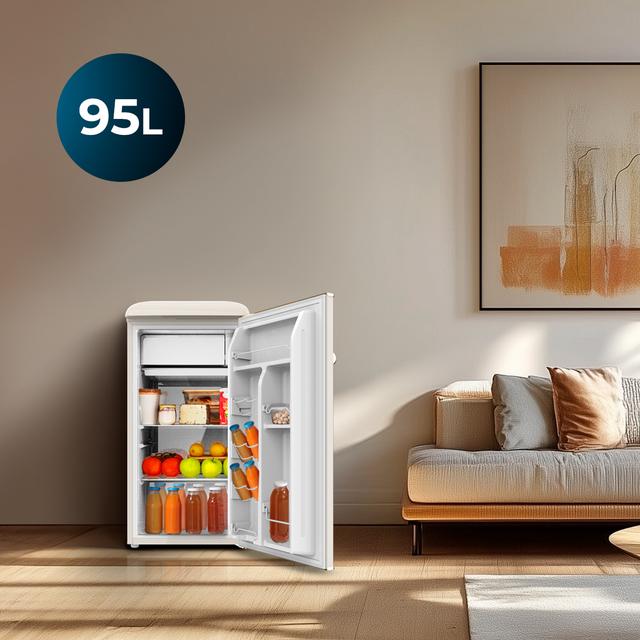 Cecotec Bolero CoolMarket TT Origin 95 Beige E Mini frigorífico retro beige de 89 cm de alto y 49 cm de ancho con capacidad de 95L clase energética E Icebox y tirador cromado. Mini frigorífico  2025